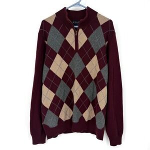 Brooks Brothers Mens 100% Italian Cashmere Argyle Quarter Zip Sweater Burgundy L